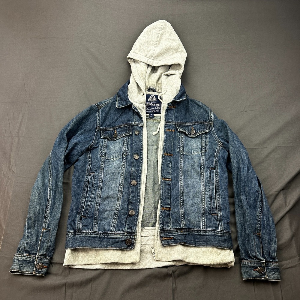 American Rag Cie Mens Denim Jacket Medium Blue Layered Hooded Full Zip Trucker